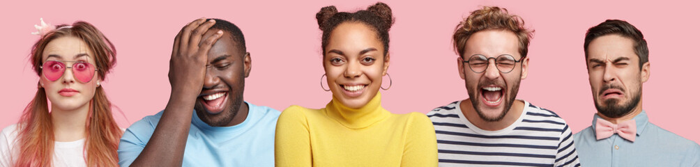 Happy dark skinned young attractive female and man, overjoyed bearded male in round spectacles, laugh at good joke, displeased brunet with disgusting expression, pinup girk with shocking look