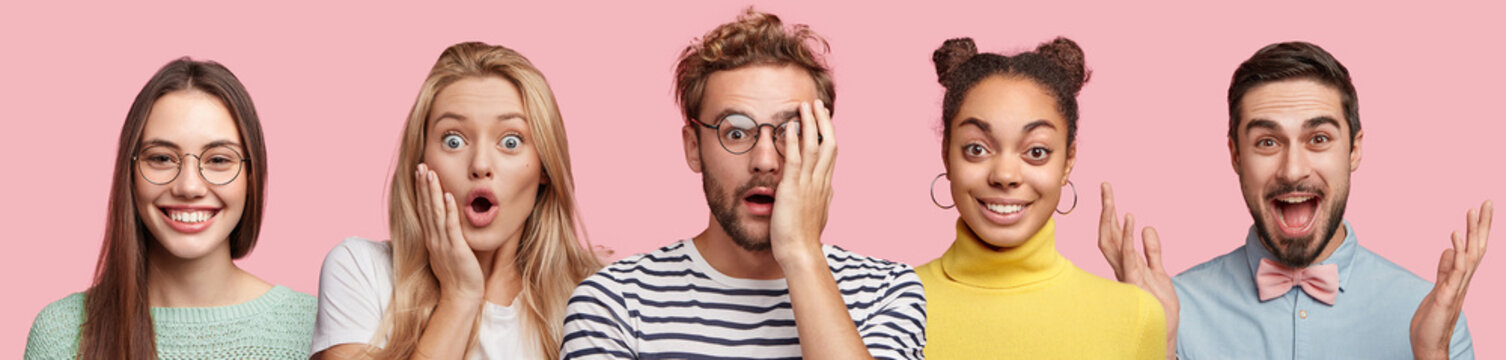 People, emotions, ethnicity concept. Diverse young women and men express surprisment, happiness and puzzlement, have different facial expressions, isolated over pink background. Stunned man in centre