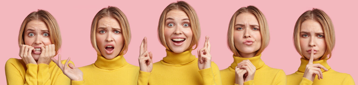 Collage with different emotions in one beautiful young blonde woman dressed in yellow sweater. Attractive female expresses fear, discontent and joy, isolated over pink background. Facial expressions