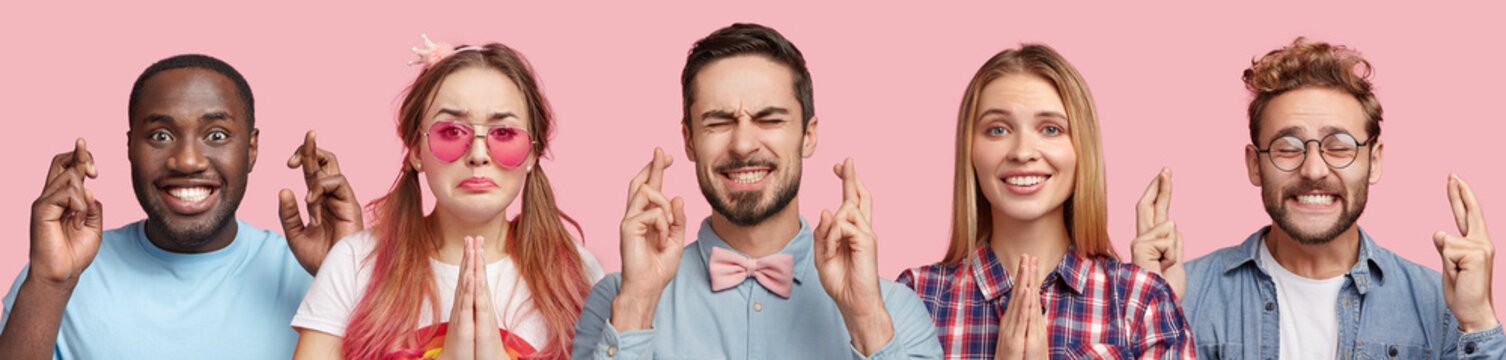 Collage photo of five different people have desired look, cross fingers and keep palms together, hope for good luck at exam, isolated over pink background. Happy men and women wish dreams come true