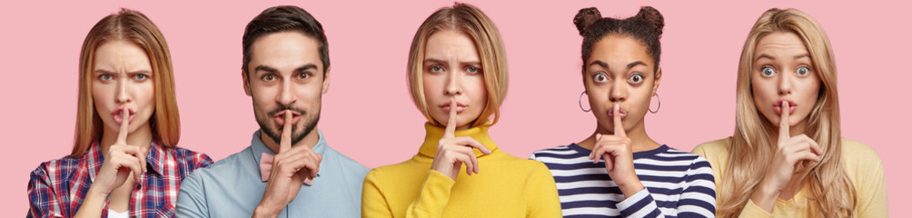 Set of serious young women and one bearded male show hush sign, demand to be quiet and not tell secret, keep fingers on lips. pose indoor against pink background. People say: Shh, stop talking - obrazy, fototapety, plakaty