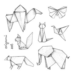 Origami - set of 7 gray paper figures of animals