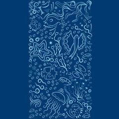 Marine sample of deep-sea fish, algae. Monochrome, frame for banners, advertising of marine products, aquariums. Blue silhouettes on white background. Place under the text. Vector illustration