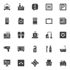 Hotel elements vector icons set, modern solid symbol collection, filled style pictogram pack. Signs, logo illustration. Set includes icons as hotel luggage cart with suitcase, reception service 