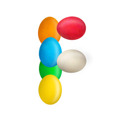 The letter F of the English alphabet is made up of colorful eggs. Isolated. White background. Education