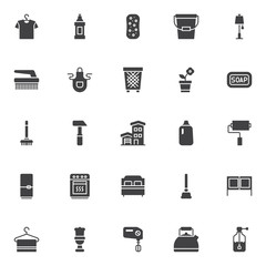 Household vector icons set, modern solid symbol collection, filled style pictogram pack. Signs logo illustration. Set includes icons as  hanger with shirt, detergent bottle, sponge, bucket, floor lamp
