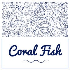 Marine sample of deep-sea fish, algae. Monochrome, frame for banners, advertising of marine products, aquariums. Black silhouettes on white background. Place under the text. Vector illustration