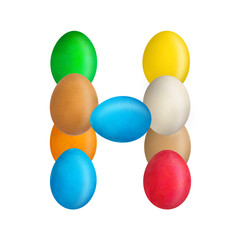 The letter H of the English alphabet is made up of colorful eggs. Isolated. White background. Education