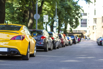 Long row of cars parking along a city road under shadow of big trees on bright summer day....