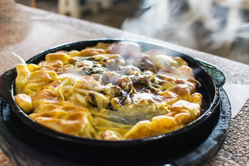 Oyster omelette in Hot pan.