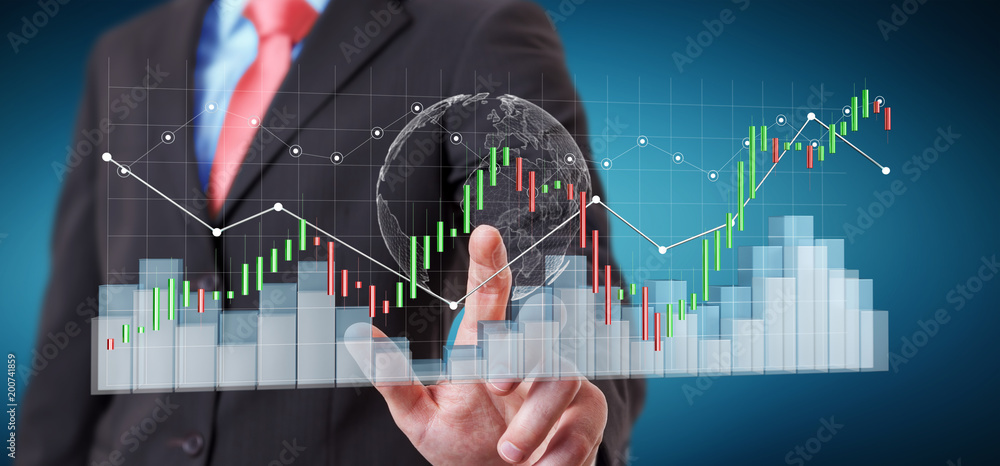 Poster businessman using digital 3d rendered stock exchange stats and charts