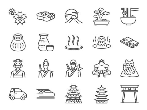 Japan icon set. Included the icons as Tokyo tower, sakura, Geisha, Japanese Sake, eco car, speed train, hot spring, castle and more