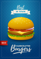 Retro fast food burger poster. Vector Illustration