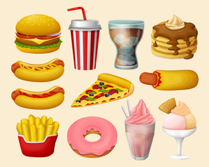 Set of colorful fast food icons. Vector Illustration 