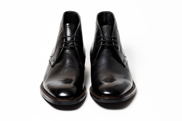 Black leather male shoes, white background