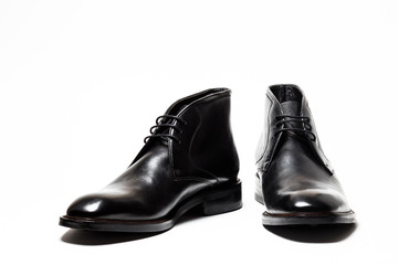 Black leather male shoes, white background