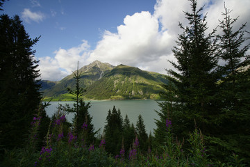 Blick auf einen Stausse in den Alpen mit Bergmassiv im Hintergrund