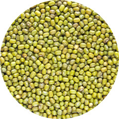  Close up Macro of Heap of Whole green Pulse mung bean lentil held in circular window isolated...