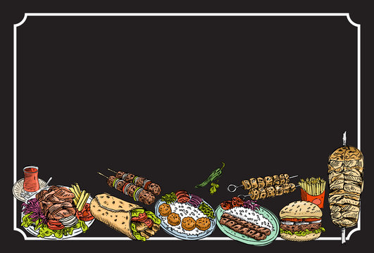 Hand drawn Turkish food on a chalkboard, Vector Illustration