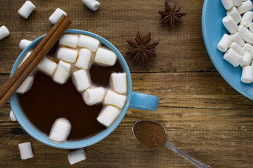 blue Cup of cocoa with marshmallows