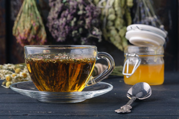 honey and healing herbs for folk medicine, ethnoscience concept