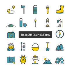 Set of vector line tourism and camping icons for web design
