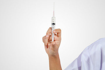 Doctor holding medical injection syringe  and Medicine plastic vaccination equipment with needle .Nurse or doctor. Liquid drug or narcotic. Health care in hospital.