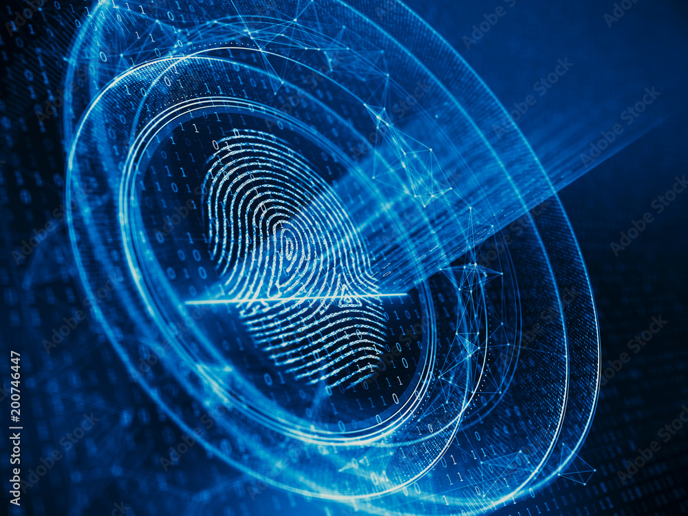 Poster digital biometric, security and identify by fingerprint concept. scanning system of the fingerprint.