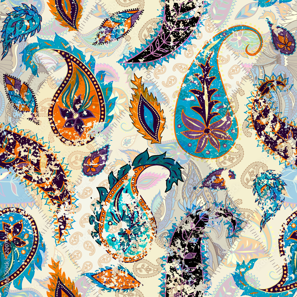 Poster pattern based on decorative elements paisley. seamless pattern in retro grunge indian style.