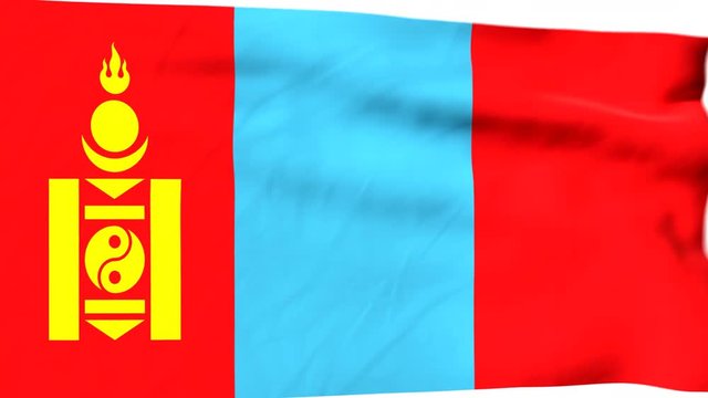 The waving flag of Mongolia opens up the view to the position of Mongolia on a colored world map