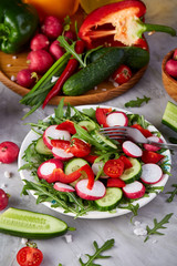 Creative fresh vegetable salad with ruccola, cucumber, tomatoes and raddish on white plate, selective focus