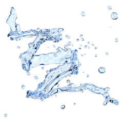 Fresh pure blue water splash. Clean transparent water, liquid fluid wave in translucent splashes form isolated on white background. Healthy drink splash advertising design element. 3D illustration