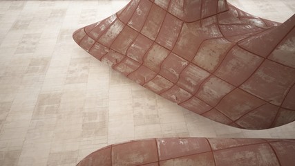 Empty smooth abstract room interior of sheets rusted metal with gray concrete. Architectural background. 3D illustration and rendering