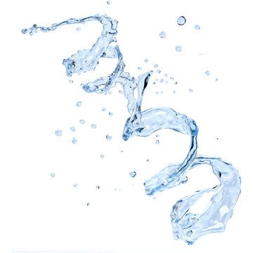 Fresh pure blue water splash. Clean transparent water, liquid fluid wave in translucent splashes form isolated on white background. Healthy drink splash advertising design element. 3D illustration