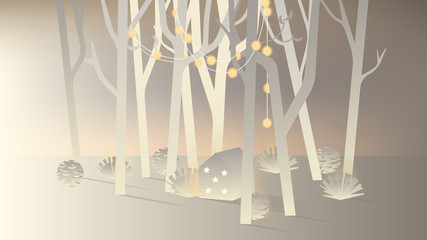 White paper forest and small house decorated with glowing Christmas lights