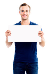 Man showing blank signboard with copyspace