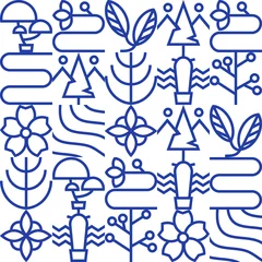 Wandaufkleber Seamless pattern, minimalist flower and plant outline illustration in blue tone © momosama