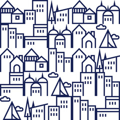 Seamless pattern, minimalist home and building outline illustration in blue tone