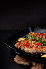 Grilled pork steak in grill pan