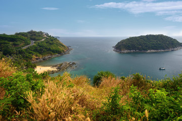 Fototapeta na wymiar View from windmill viewpoint in phuket, Thailand. This hilltop viewpoint is located between Ya Nui and Nai Harn beaches