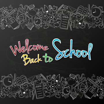 Back to school - colourful poster with funny sketch on black board. Vector.