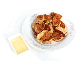Deep Fried Crab Meat Rolls or Hoi Jo with Rosaceae sauce . Traditional local Chinese food for appetizer on white background
