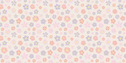 Pattern with hand drawn flowers in retro style. Mother's Day, Woman's Day and Valentine's Day. Vector..