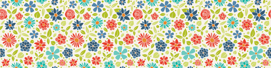 Spring background - panoramic header with hand drawn flowers. Seamless texture. Vector.