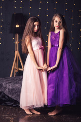 Cheerful girlfriends. Two long-haired girls in pink and purple dresses in studio on dark background with bokeh. Copy space.