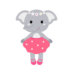 Illustration of a cute funny elephant girl in a dress. Concept for children print.