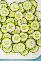 Spring fresh cucumber slices, top view