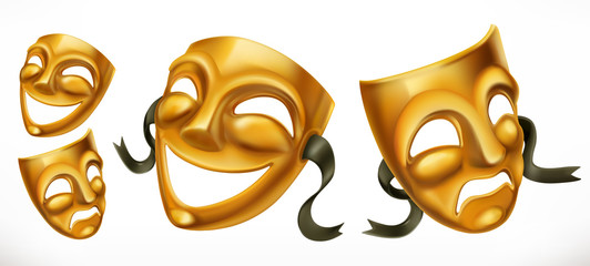Gold theatrical masks. Comedy and tragedy 3d vector icon