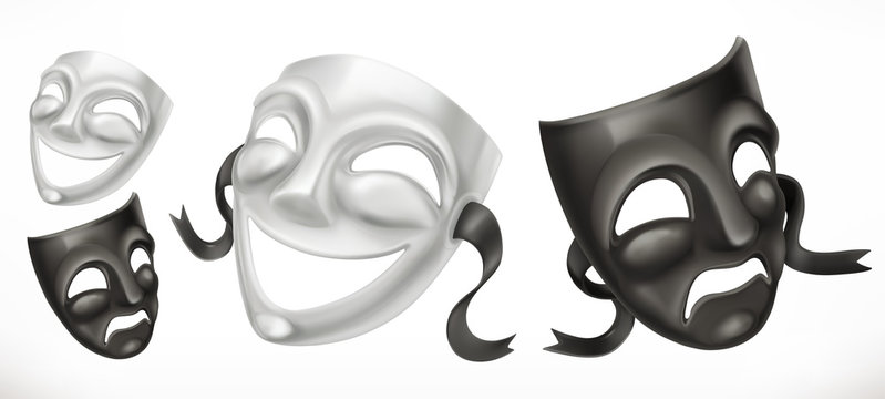 Theatrical masks. Comedy and tragedy 3d vector icon