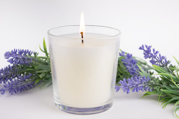 Candle in glass on white background with lavender, product mock-up